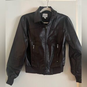 Nine West chocolate brown faux-leather bomber jacket, extra small, preowned